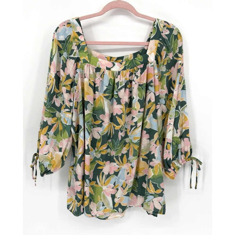 LC LAUREN CONRAD XL Long Sleeve Square Neck Tropical Blouse Coquette Feminine - Picture 3 of 7